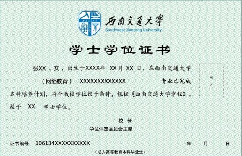 西南交通大學學位證樣本